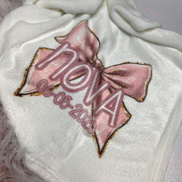 Baby deken sweet pink met strik naam en geboortejaar 0 0 0