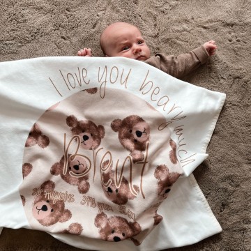 Babydeken i love you beary much met naam geboortedatum lengte gewicht en tijd 0