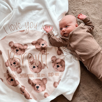 Babydeken i love you beary much met naam geboortedatum lengte gewicht en tijd 2 0