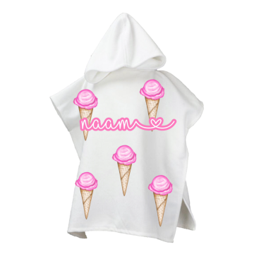 Badcape voor kinderen met roze ijsjes en eigennaam 2 0