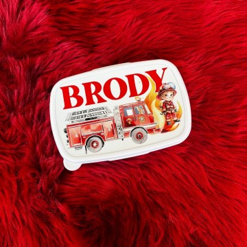 Broodtrommel voor kids met brandweerman en eigennaam 0