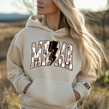 Dames hoodie smiley mama met kindernaam of kindernamen op de mouw 0