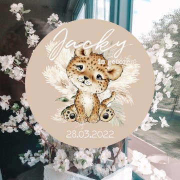 Geboorte raam sticker cheetah met eigennaam en geboortedatum beige