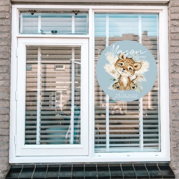 Geboorte raam sticker cheetah met naam en geboortedatum blue
