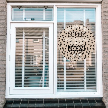 Geboorte raam sticker dag lief klein zusje daar ben je dan eindelijk met naam beige bow dot