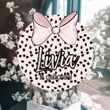 Geboorte raam sticker naam is geboren pink dot bow