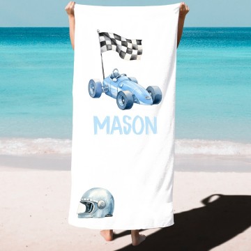 Handdoek voor kids met race auto en naam 0