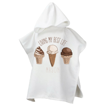 Poncho voor kids living my best life met naam en beige ijsjes 0