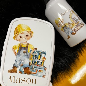 Set broodtrommel en drinkbeker bouw blond met naam 2