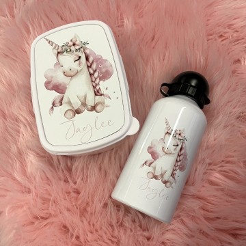 Set broodtrommel en drinkbeker unicorn met naam voor kinderen