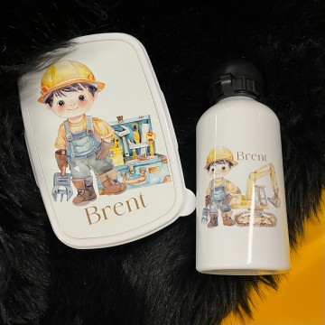 Set broodtrommel en drinkbeker voor kinderen bouw bruin met naam