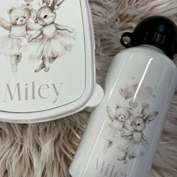 Set broodtrommel en drinkbeker voor kinderen teddy bunny ballerina met naam 2