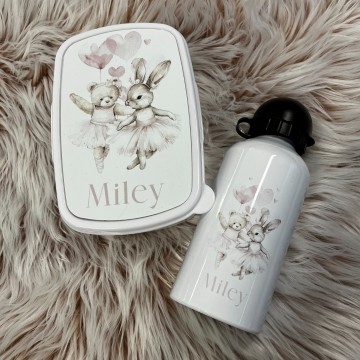 Set broodtrommel en drinkbeker voor kinderen teddy bunny ballerina met naam