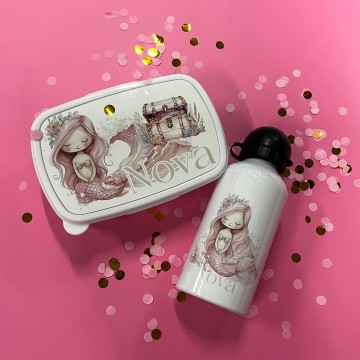 Set broodtrommel en drinkbeker voor kinderen zeemeerin met naam