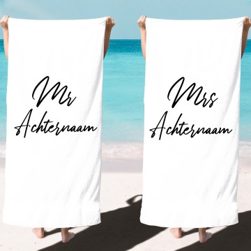 Set huwelijks cadeau strandlakens mr en mrs met achternaam 0