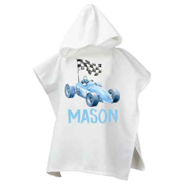 Strandcape voor kinderen met race auto en naam 0