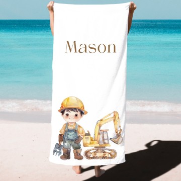 Strandlaken voor kinderen bouw jongen bruin met naam
