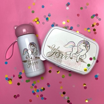 Unicorn drinkbeker en broodtrommel set met naam 1