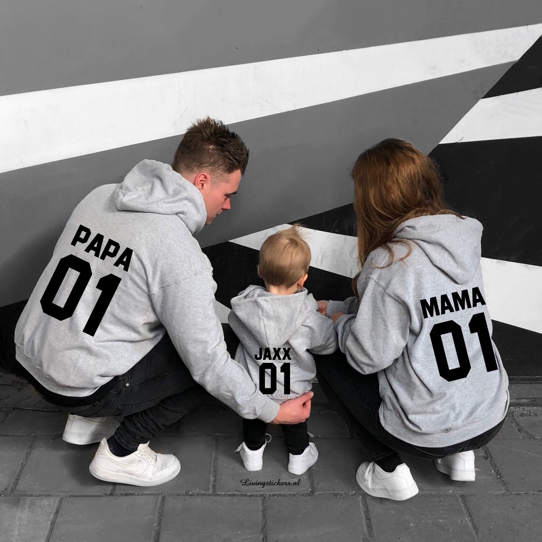 Setje hoodies gezin papa en naam kind - Setjes - Stickers, tekstborden, kinderkleding en babyartikelen op